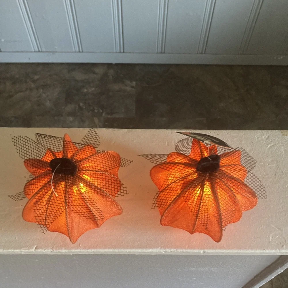 NWT- 2- Elegant Orange Lace Covered Light Up LED Halloween Pumpkin Decorations